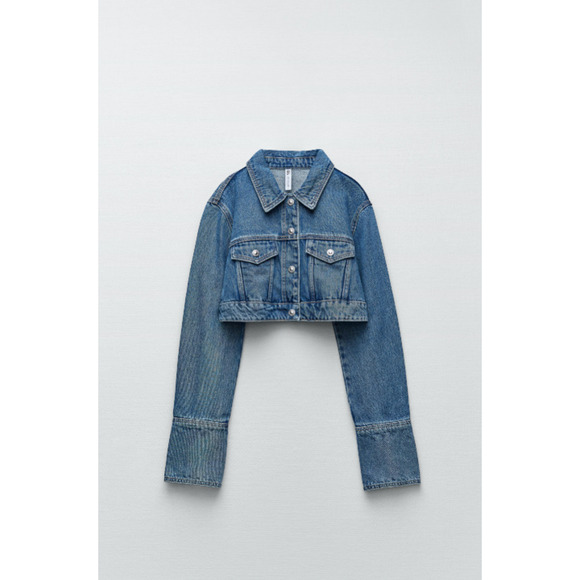 Zara Denim Jacket Womens Small Blue Jean Crop Cuffs Blogger Favorite 9374/271 - Picture 11 of 12